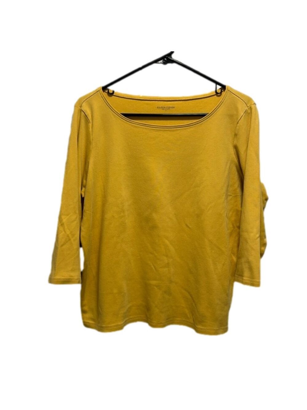 Eileen Fisher Mustard Yellow 100% Cotton Boat Neck Three Quarter Sleeve Top